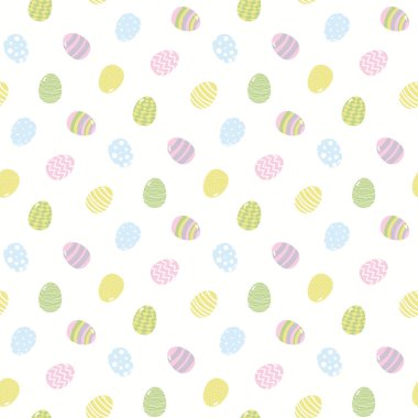 Beyaz arka planda karikatür boyalı yumurtalarla el çizimi kusursuz vektör deseni. İskandinav tarzı düz tasarım. Paskalya Günü için çocuklar tekstil baskısı kavramı 