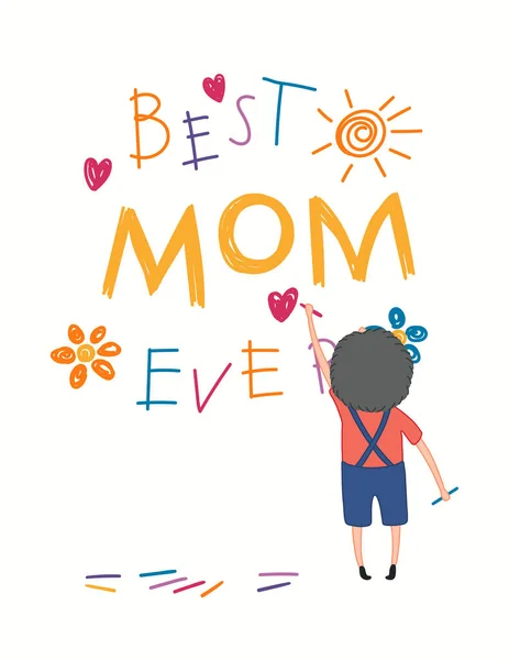 Kartka Dzień Matki Uroczym Rysunkiem Chłopca Kredek Tekst Najlepsza Mama — Wektor stockowy