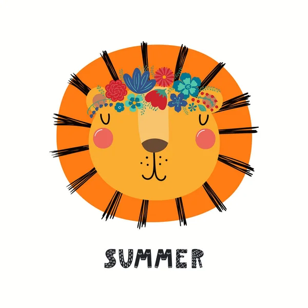Illustration Vectorielle Dessinée Main Mignon Visage Lion Couronne Fleurs Avec — Image vectorielle