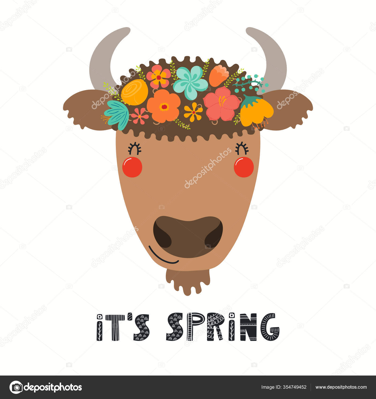 Hand Drawn Vector Illustration Cute Bison Face Flower Crown Lettering ...