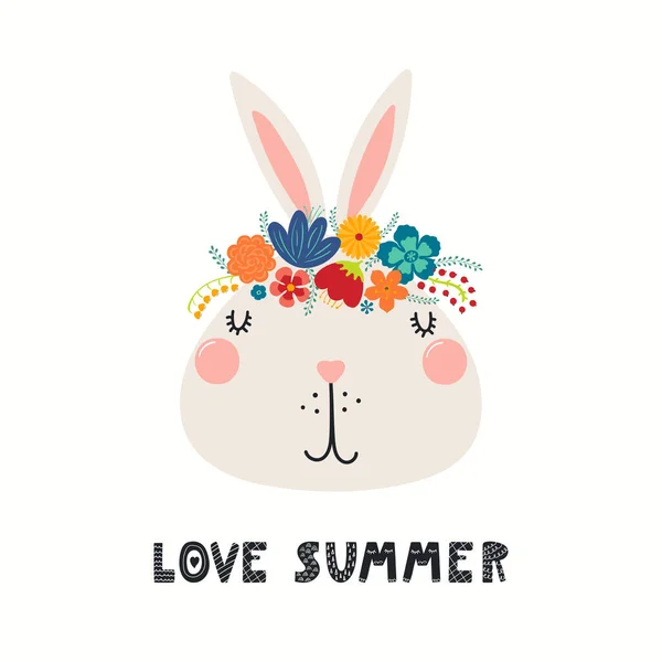 Ручная Рисованная Векторная Иллюстрация Милого Кролика Цветочной Короне Надписью Love — стоковый вектор
