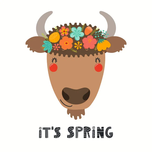 Hand Drawn Vector Illustration Cute Bison Face Flower Crown Lettering Stock Illustration