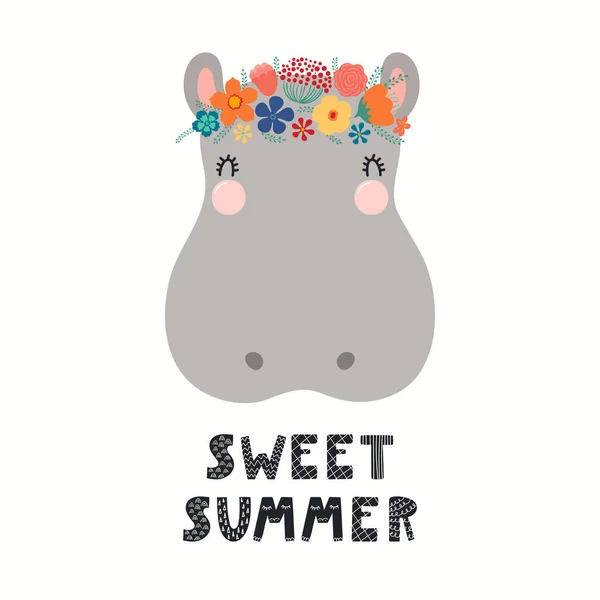 Illustration Vectorielle Dessinée Main Mignon Visage Hippopotame Couronne Fleurs Avec — Image vectorielle