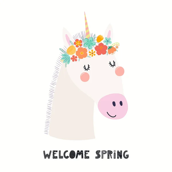 Векторная Иллюстрация Милого Лица Единорога Цветочной Короне Надписью Welcome Spring — стоковый вектор