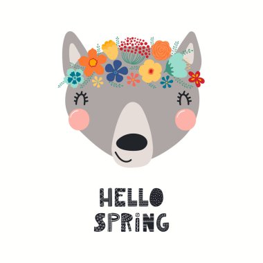 Çiçek kaplamalı şirin kurt suratının el çizimi tasviri. Beyaz arka planda Hello Spring 'den bir alıntı var. İskandinav tarzı düz tasarım. Çocuk yazdırma kavramı.