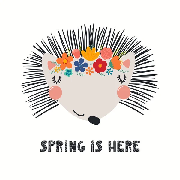 Векторная Иллюстрация Милого Ёжика Цветочной Короне Надписью Весна Изолирована Белом — стоковый вектор