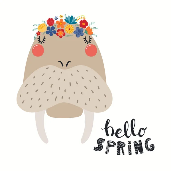 Векторная Иллюстрация Милого Моржа Цветочной Короне Надписью Hello Spring Белом — стоковый вектор