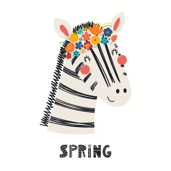 Illustrazione Vettoriale Disegnata Mano Graziosa Faccia Zebra Corona Fiori Con — Vettoriale Stock