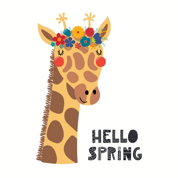 Векторная Иллюстрация Милого Жирафа Цветочной Короне Надписью Hello Spring Белом — стоковый вектор