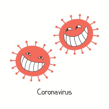Coronavirüs salgını konsepti. Büyük dişleri ve beyaz arka planda izole edilmiş şeytani gözleri olan komik çizgi film virüsleri. Vektör çizimi. Covid-19 koruma, önleme.