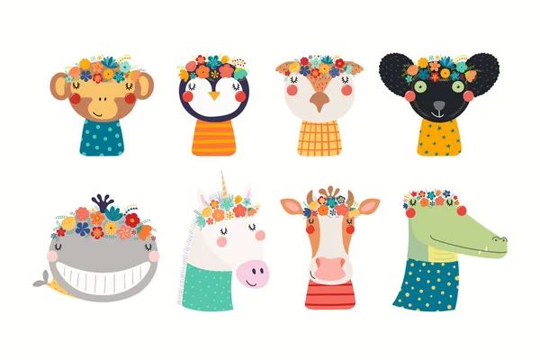 Set Cute Funny Animals Flower Crowns Shirts Hand Drawn Vector Royalty Free Stock Vectors
