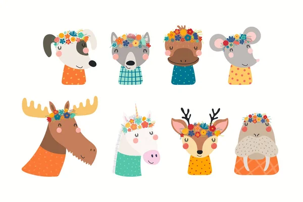 셔츠를 귀여운 동물들 손으로 일러스트레이션 Scandinavian 스타일 디자인 어린이에 인쇄되기 — 스톡 벡터