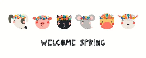 Bandiera Con Simpatici Animali Divertenti Corone Fiori Con Citazione Welcome — Vettoriale Stock