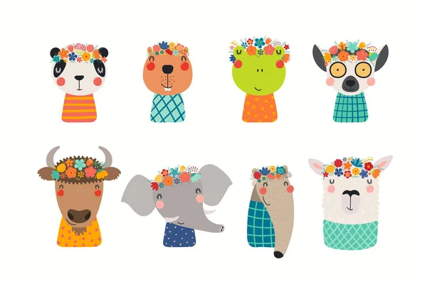 셔츠를 귀여운 동물들 손으로 일러스트 스칸디나비아식 디자인 어린이에 인쇄되기 — 스톡 벡터