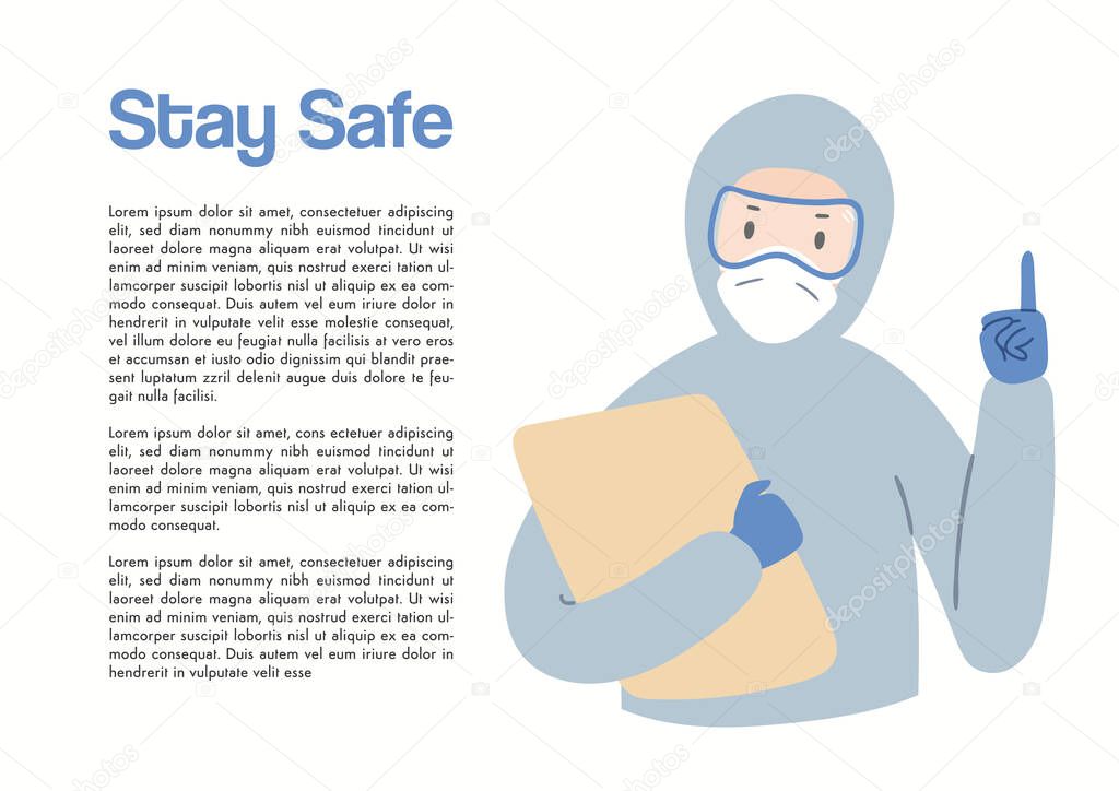 cartoon medical worker in protective gear with text space. Hand drawn vector illustration. Covid-19 prevention advice. Coronavirus epidemic concept. 