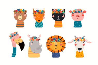 Çiçekli taçlar ve tişörtler giymiş sevimli, komik hayvanlarla dolu. El çizimi vektör çizimi. İskandinav tarzı düz tasarım. Çocuklar için bahar baskısı kavramı
