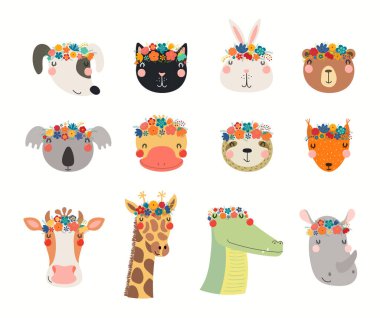 Çiçek kaplamalı sevimli hayvanların olduğu büyük bir kümenin el çizimi çizimi. İskandinav tarzı düz tasarım. Çocuklar için bahar baskısı kavramı