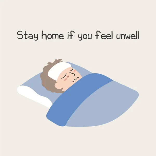 Handgezeichnete Illustration Eines Kranken Mit Fieber Bett Mit Text Covid — Stockvektor