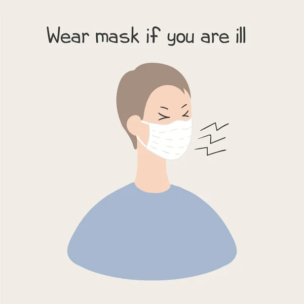 Illustration Dessinée Main Une Personne Malade Avec Toux Portant Masque — Image vectorielle