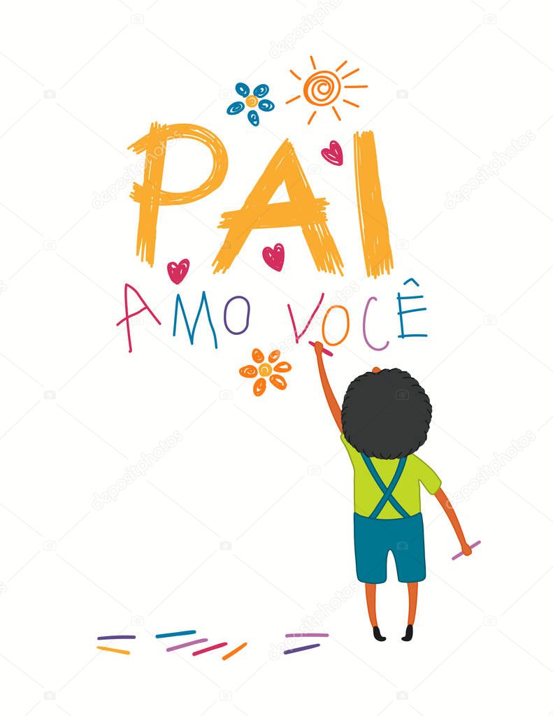 banner design with cute cartoon boy drawing with crayons Portuguese text I love you Dad. Hand drawn vector illustration. Concept for Fathers Day print.