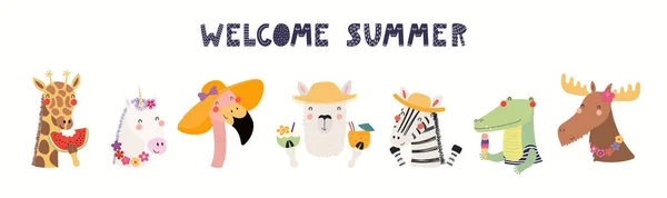 Carta Dibujada Mano Con Animales Lindos Texto Bienvenido Verano Objetos — Vector de stock