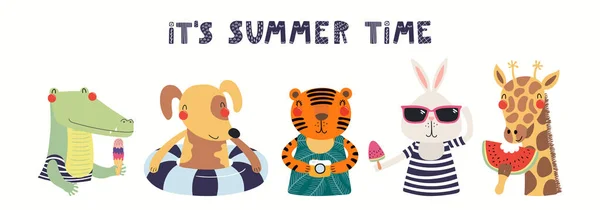 Tangan Digambar Spanduk Dengan Binatang Lucu Teks Its Summer Time - Stok Vektor