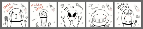 Коллекция Плакатов Милыми Смешными Инопланетянами Животными Астронавтами Кактуса Ракетами Планетами — стоковый вектор