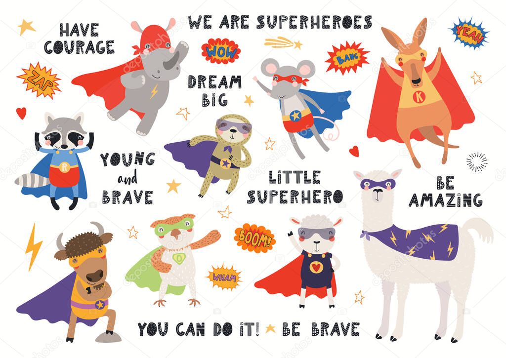 Big set of cute animal superheroes in masks, capes, flying, with quotes isolated on white background. Hand drawn vector illustration. Scandinavian style flat design. .