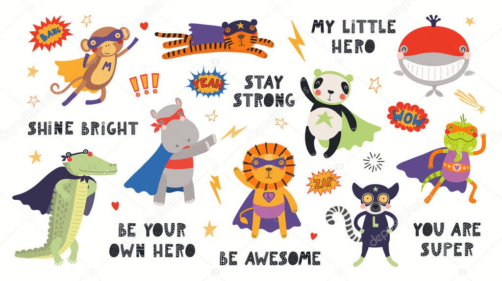 Big set of cute animal superheroes in masks, capes, flying with quotes isolated on white background. Hand drawn vector illustration. Scandinavian style flat design. 