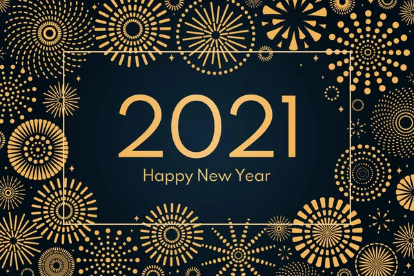 矢量插图与明亮的金色烟花框架深蓝色背景 文本2021新年快乐 假日贺卡的概念 — 图库矢量图片