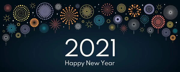 矢量插图与明亮的彩色烟火在深蓝色背景 文字2021新年快乐 假日贺卡的概念 — 图库矢量图片