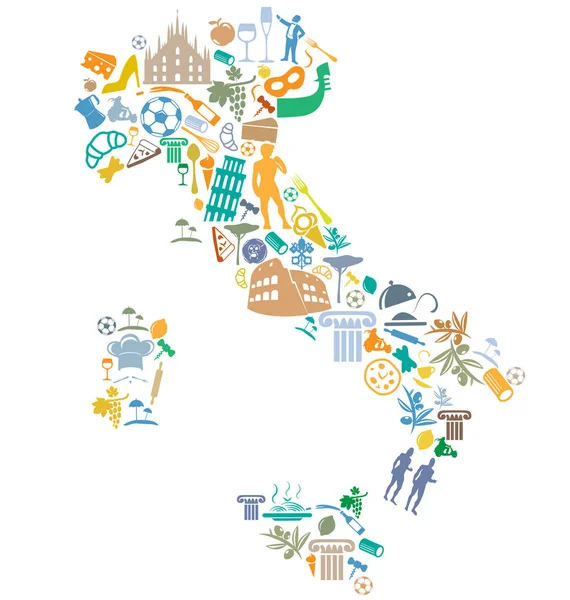 Mappa italiana con set di simboli silhouette — Vettoriale Stock