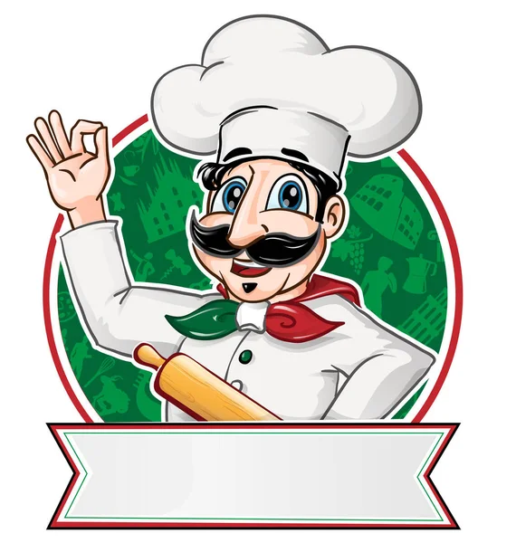 Chef italiano dentro de un círculo con pancarta en blanco — Vector de stock