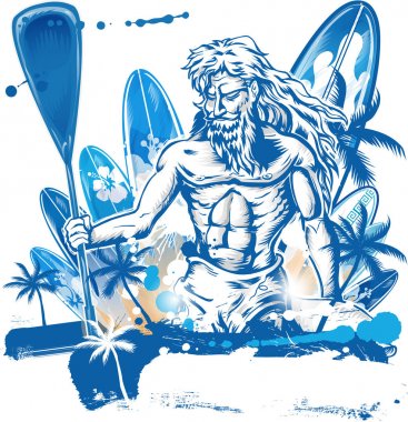 Poseidon su birikintisi sörfçü surfboard el çizmek 