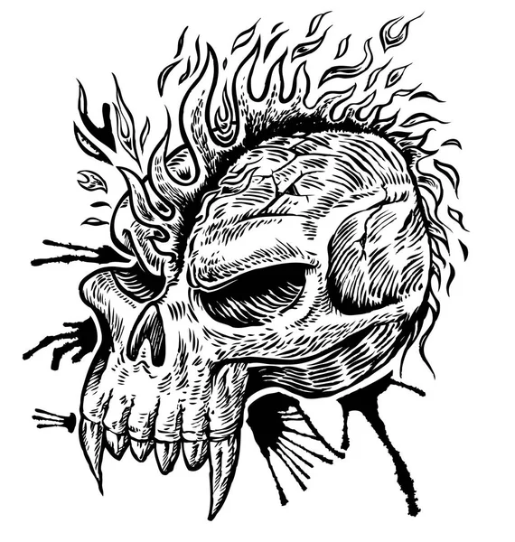 Skull hand draw with flame — Stock Vector