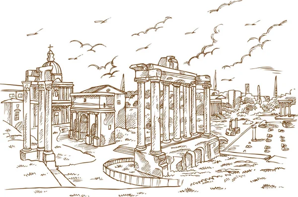 Λείψανα των ναών σε φόρο Ρομάνο, Ρώμη, Ιταλία — Διανυσματικό Αρχείο