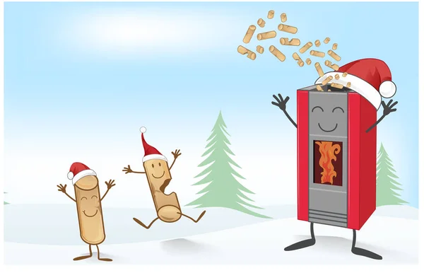 Kerstkachel cartoon met plezier Hout pellett mascotte — Stockvector