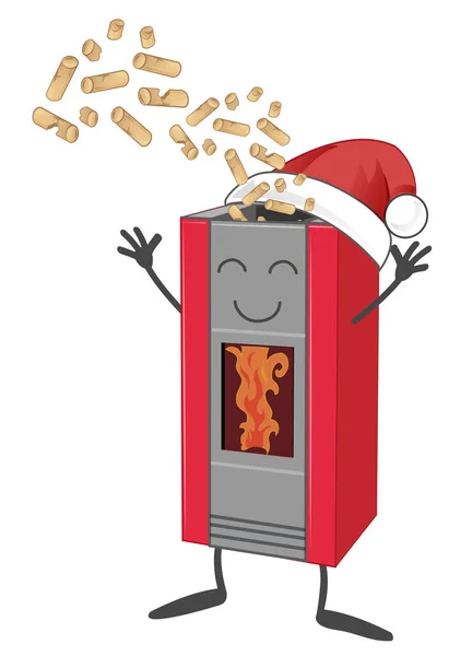Caricatura de estufa de pellets de madera con sombrero de Santa Claus — Vector de stock