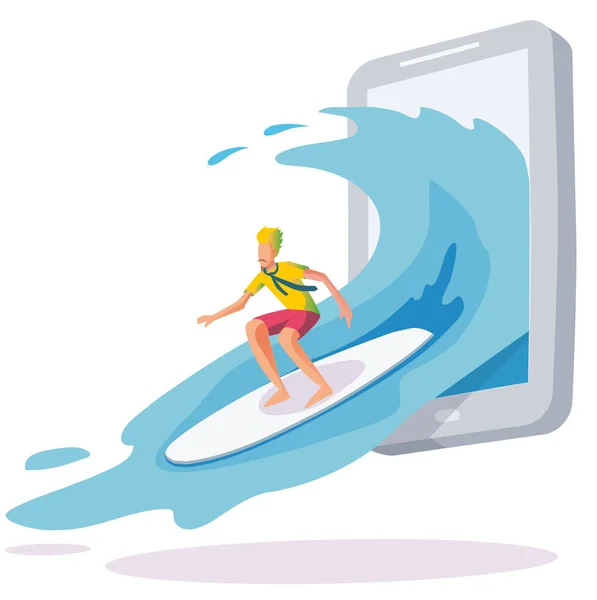 Surfing online a smartphone wave vector illustration. Surfing th — 图库矢量图片