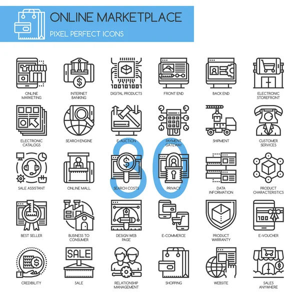Online marknadsplats, tunn linje och Pixel perfekta ikoner — Stock vektor