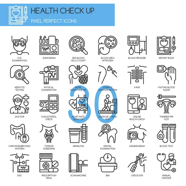 Revisión de salud, línea delgada y píxeles iconos perfectos — Archivo Imágenes Vectoriales