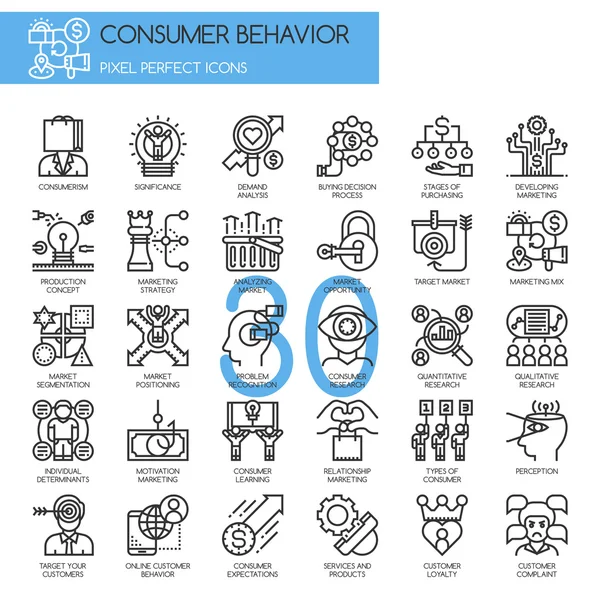 Spotřebitelské chování, tenká linie a Pixel Perfect ikony — Stockový vektor