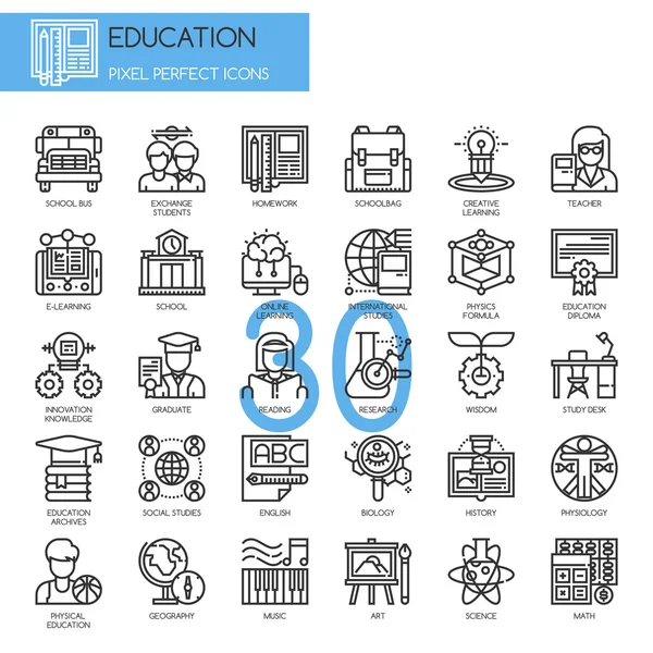 Educación, línea delgada y píxeles iconos perfectos — Vector de stock