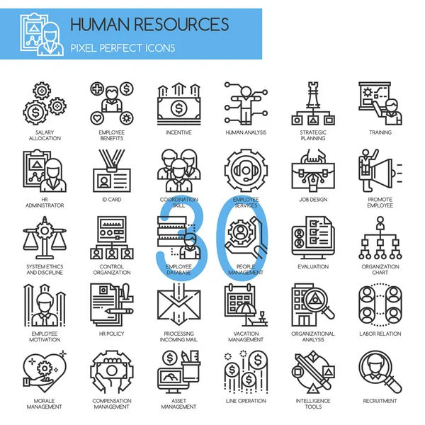 Recursos humanos, línea delgada y píxeles iconos perfectos — Vector de stock