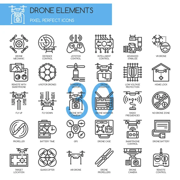 Drohnenelemente, dünne Linie und perfekte Pixel-Symbole — Stockvektor