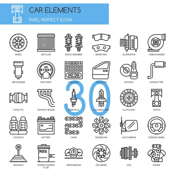 Elementos de coche, línea delgada y píxeles iconos perfectos — Archivo Imágenes Vectoriales