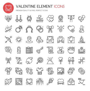 Sevgililer öğe simgeleri, ince çizgi ve piksel mükemmel simgeler