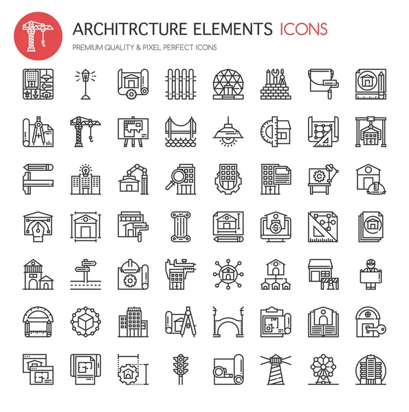 Elementos de Arquitectura, Línea Delgada y Pixeles Iconos Perfectos — Vector de stock