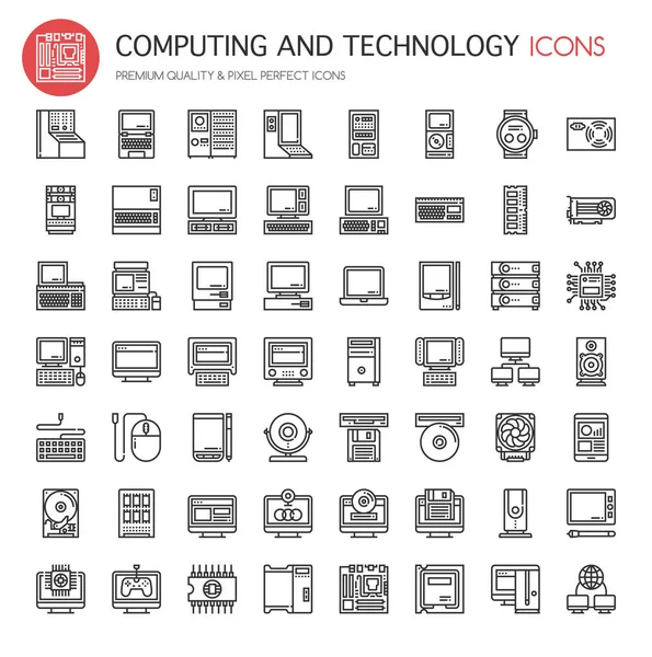 Computación y tecnología, línea delgada y píxeles iconos perfectos — Vector de stock