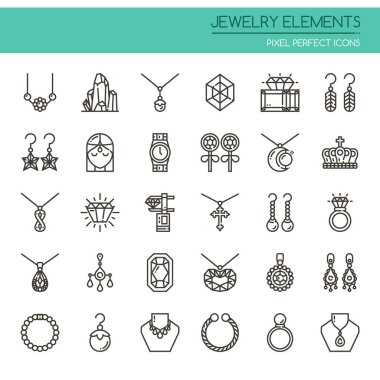 Mükemmel takı öğeleri, ince çizgi ve piksel simgeler